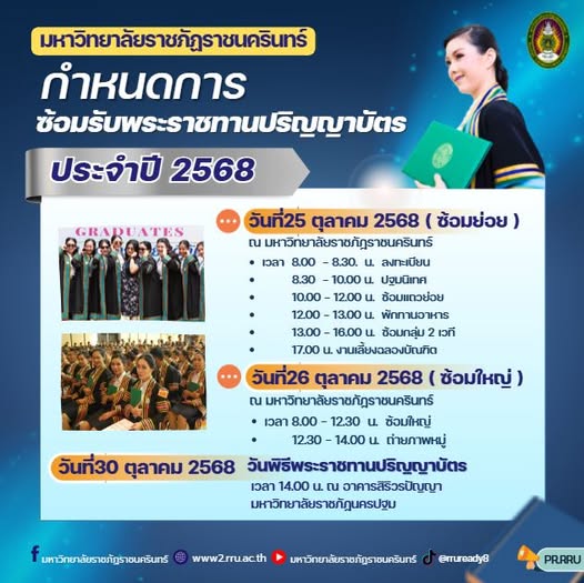 กำหนดการซ้อมรับพระราชทานปริญญาบัตรและงานพิธีพระราชทานปริญญาบัตร ประจำปีการศึกษา 2566 มหาวิทยาลัยราชภัฏราชนครินทร์ ฝึกซ้อมวันที่ 25-26 ตุลาคม 2568...